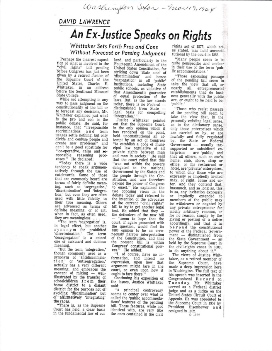 Article Covering Retired Justice Whittaker's Speech Addressing Students Of Southeast Missouri State College Emphasizing Federal Authority Limits And The Distinction Between Public And Private Accommodations. He Noted Divergent Views And Referenced Earlier Supreme Court Rulings On These Matters.