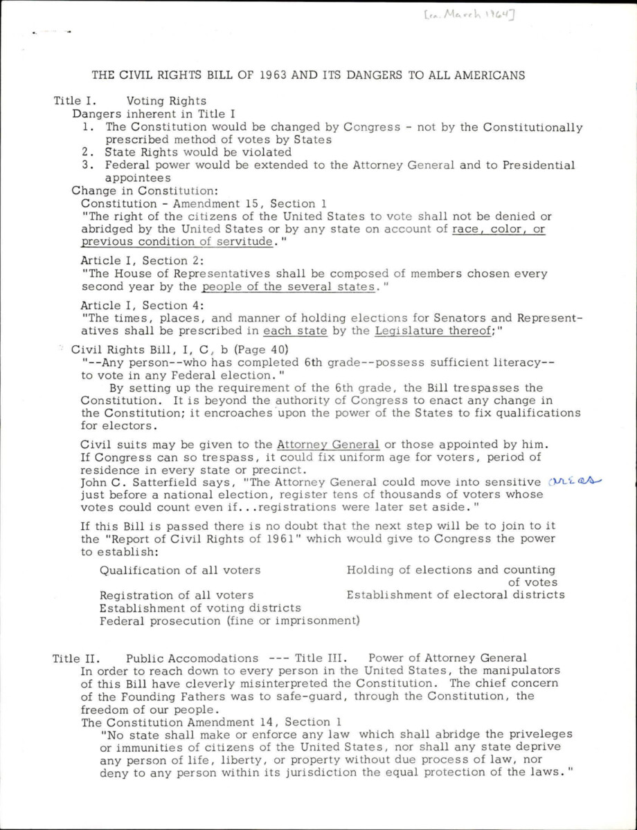 Dangers Of The Civil Rights Bill Of 1963 Title By Title According To Leora Baxter. She Identifies Dangers To Voting Rights, Public Accomodations, Education, Civil Rights, Federally Assisted Programs, Employment, And Voting Statistics.