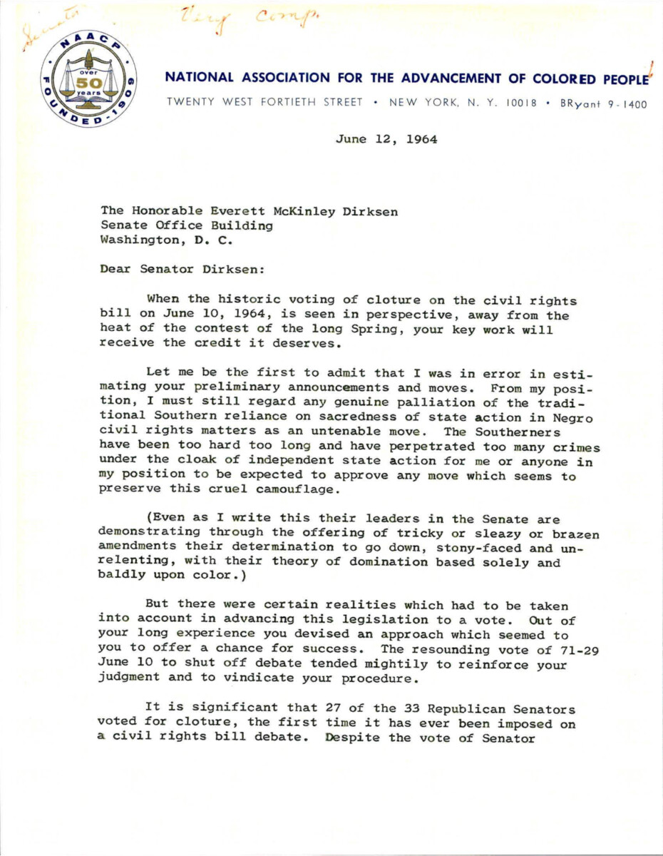 Letter From Roy Wilkins, Executive Secretary Of The National Association For The Advancement Of Colored People, To Senator Everett Mckinley Dirksen Thanking Senator Dirksen For Voting For Cloture On The Civil Rights Bill.