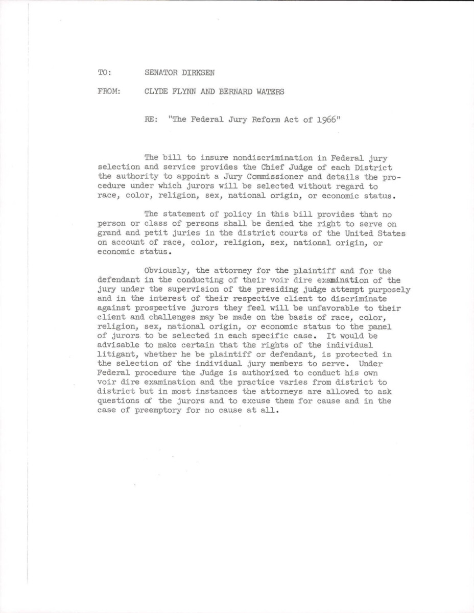 This Letter Explains To Senator Dirksen What The Federal Jury Reform Act Of 1966 Is And The Suggestions Both Flynn And Waters Had For The Act.