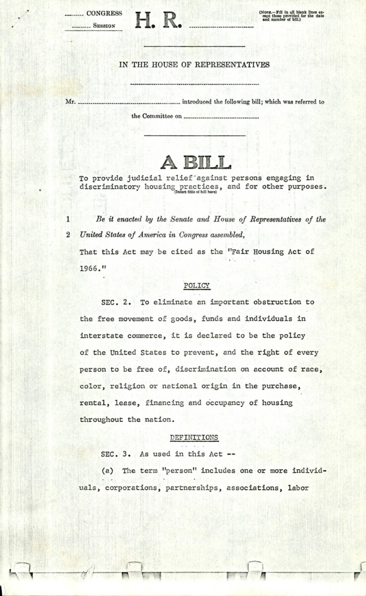 Draft Of The Fair Housing Act Of 1966 Stating What Sections Deal With Different Aspects Of The Bill.