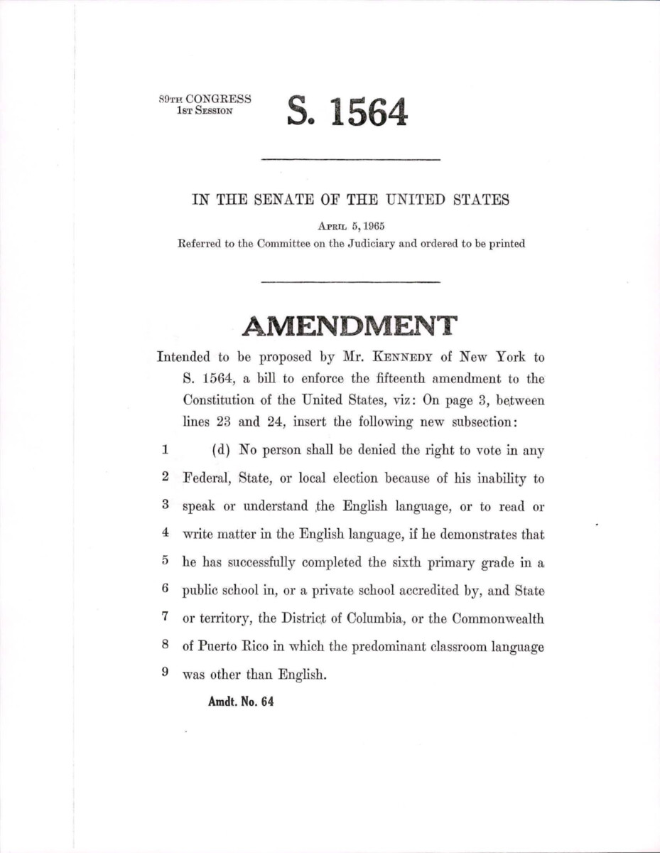 Amendment To S. 1564, A Bill To Enforce The 15th Amendment, Stating That No Person Should Be Denied The Right To Vote Due To Illiteracy Or Inability To Speak English.