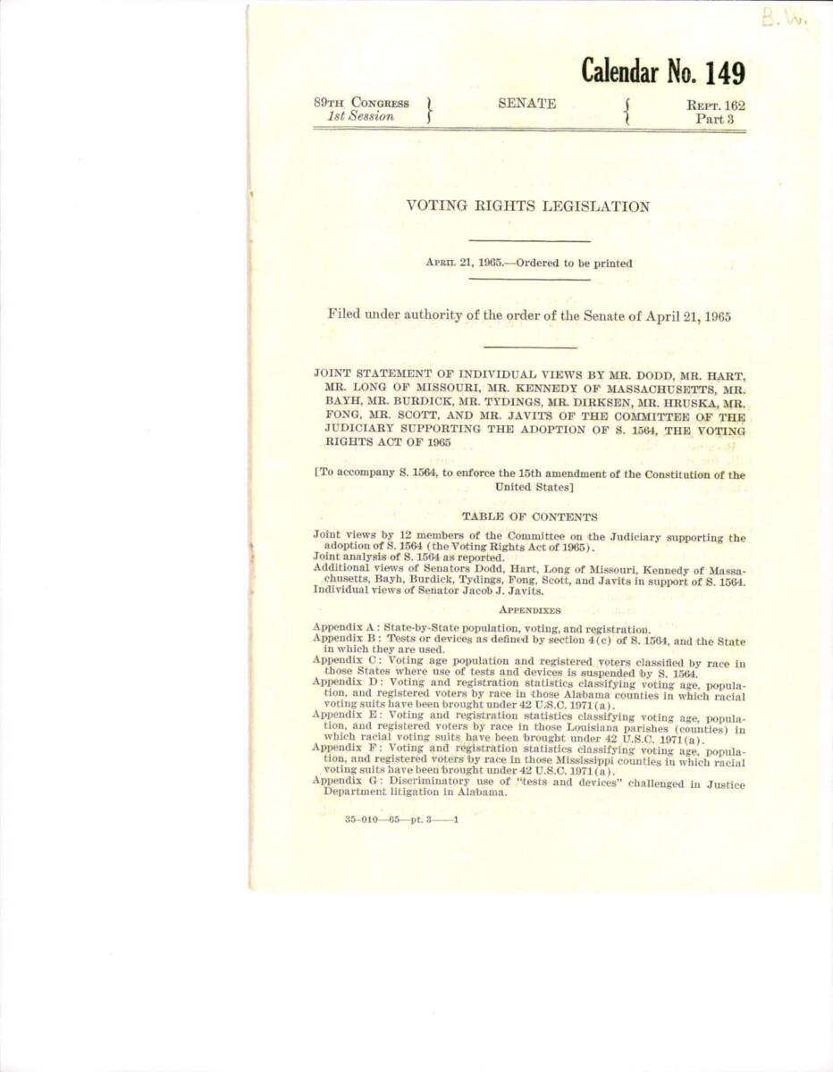 Joint Statement By 12 Members Of The Judiciary Committee Supporting The Adoption Of The Voting Rights Act Of 1965.