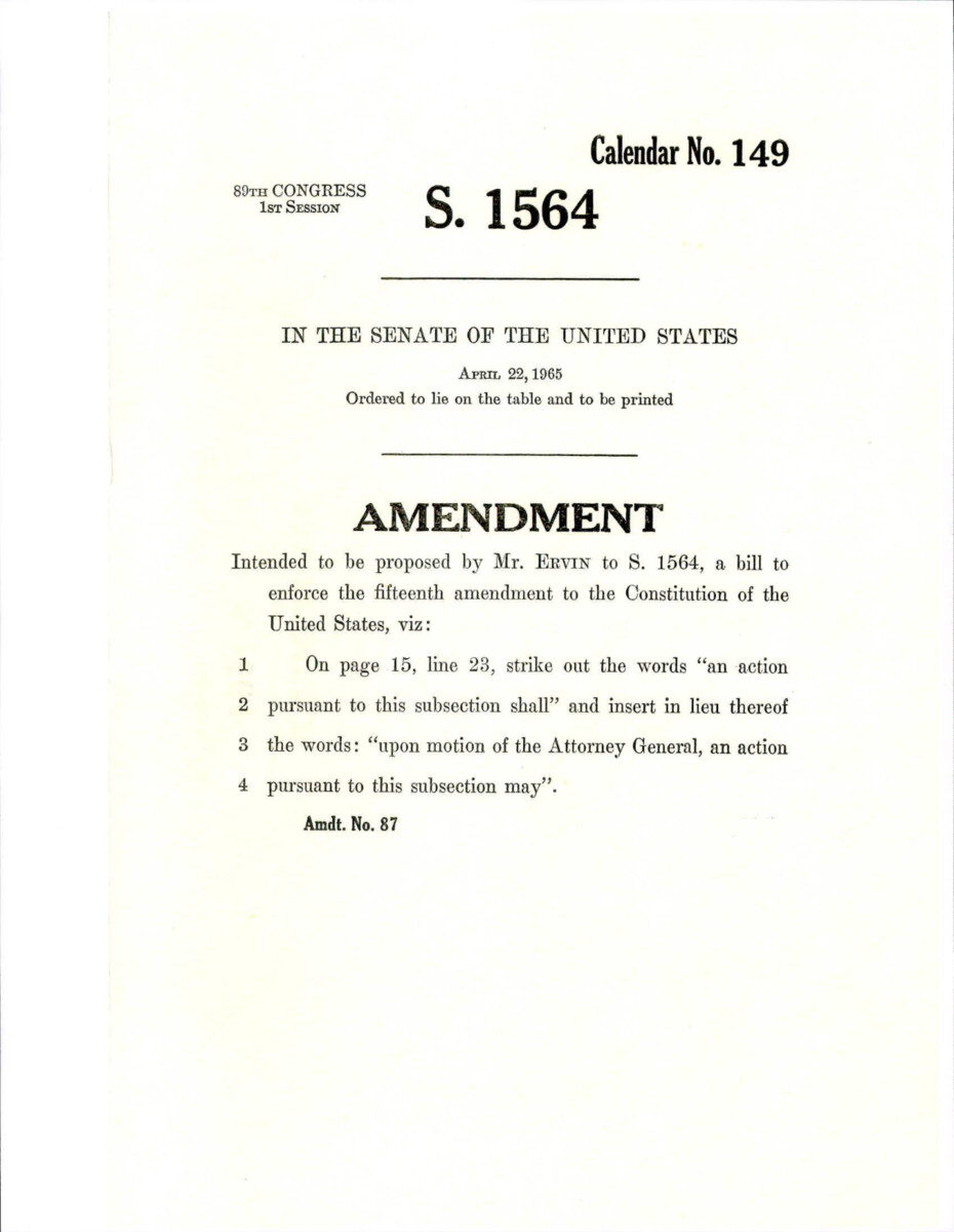 Additional Amendment Proposed By Senator Ervin To S. 1564, Later Known As The Voting Rights Act Of 1965. This Amendment Changed The Language To Line 23 On Page 15.