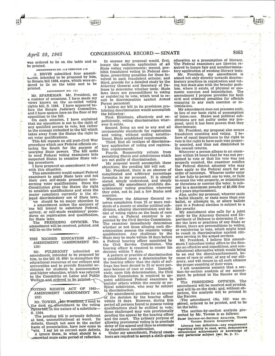Speech By Sen. Tower Regarding The Voting Rights Act. In This Speech He Details What The Bill's Purpose Is And His Goal For It.