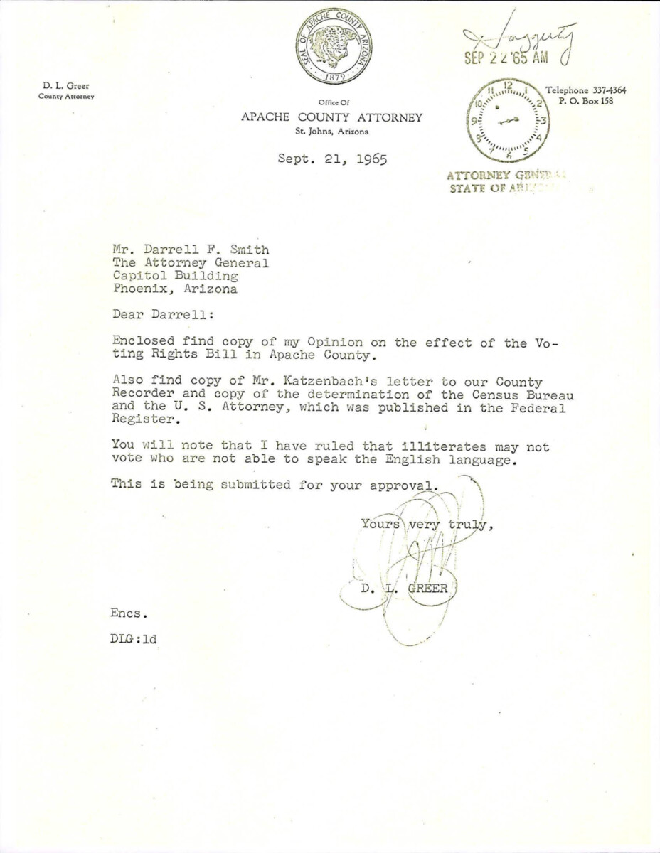 Letter To The Attorney General Of Arizona From Apache County Attorney, Enclosed With Letters Between Greer And The Apache County Recorder Discussing The Voting Rights Act Of 1965.