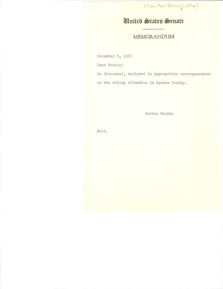 Memorandum From Paul Fannin's Office Regarding The Letters From Apache County On The Voting Rights Act Of 1965.