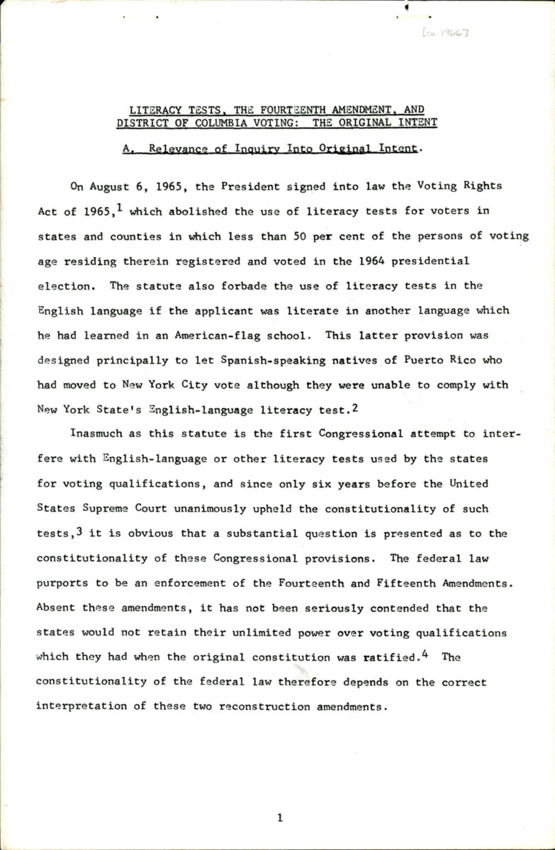 Discusses Voting Rights Within The District Of Columbia And The Voting Tests That Were Conducted There Before The Voting Rights Act Of 1965.