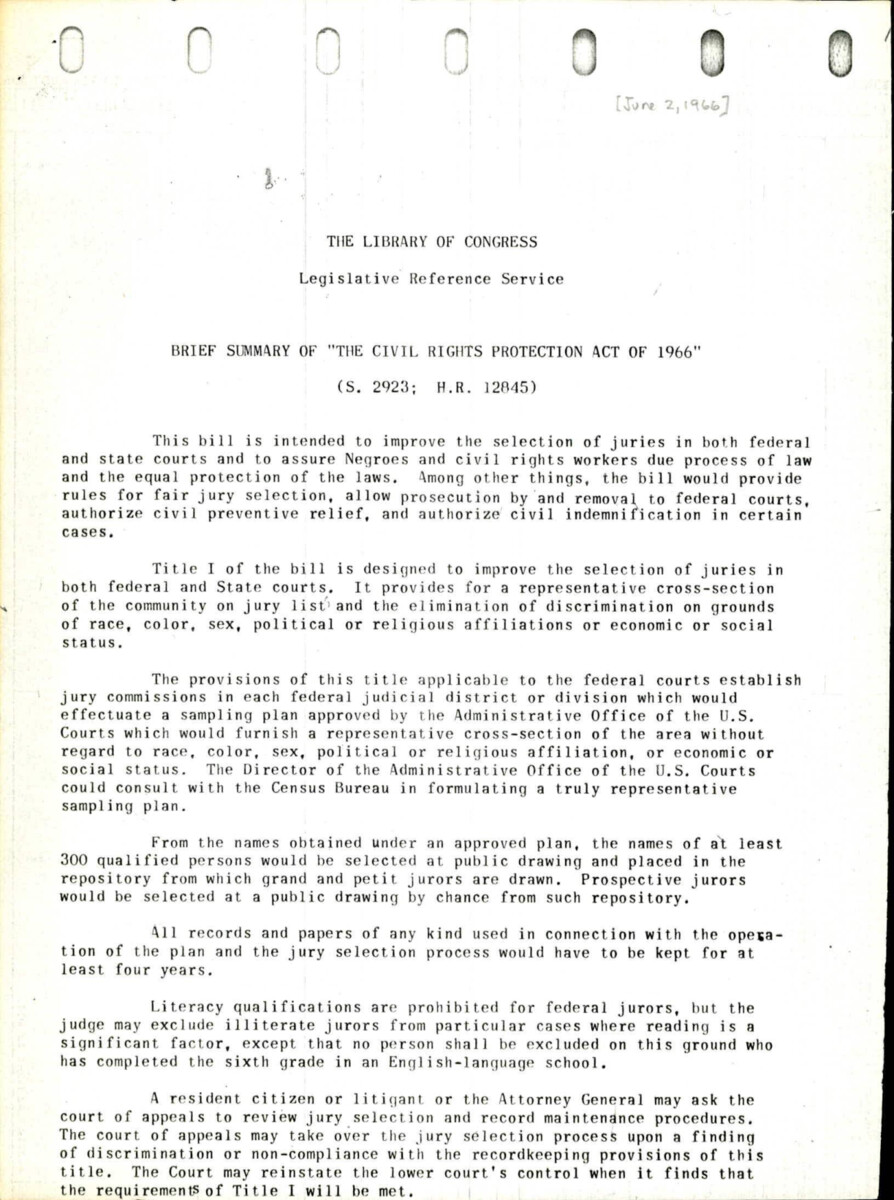The Bill Was Intended To Improve The Selection Of Juries In Federal And State Courts To Ensure That Minorities Receive Due Process Of The Law And Equal Protection Of The Laws.