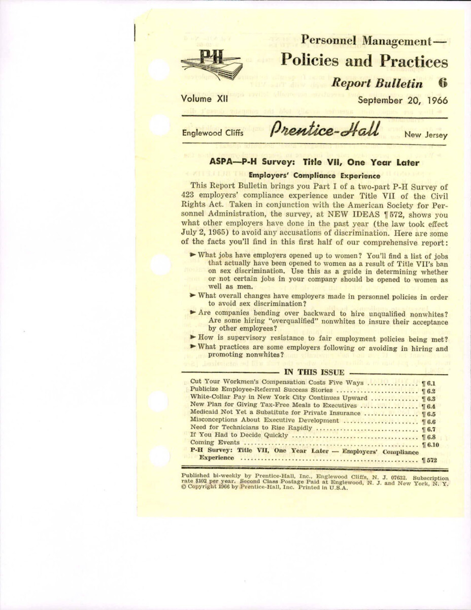 Survey Conducted One Year After The Civil Rights Act Passed And How It Affected Workers' Pay And Women In The Workforce.