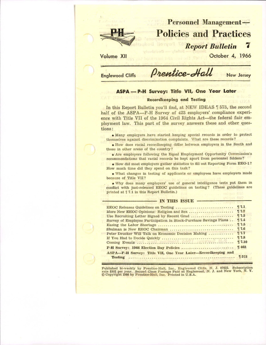 Second Half Of Survey Results Published Later. Deals With Discrimination On The Basis Of Sex And Religion, Labor Shortage, And Stock-purchase Savings Plans.