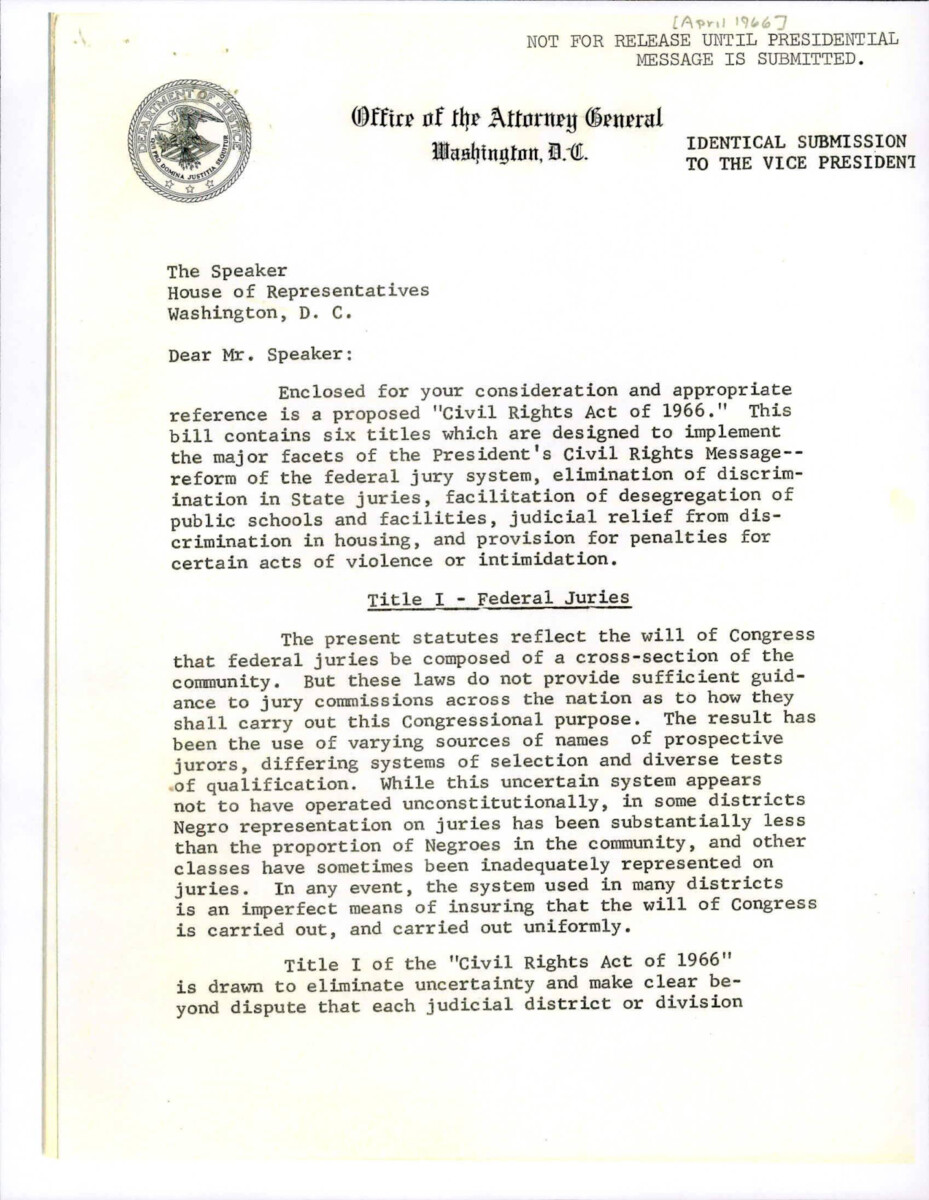 The Attorney General Wrote A Letter To The Speaker Of The House Detailing Each Section Of The Civil Rights Act Of 1966.