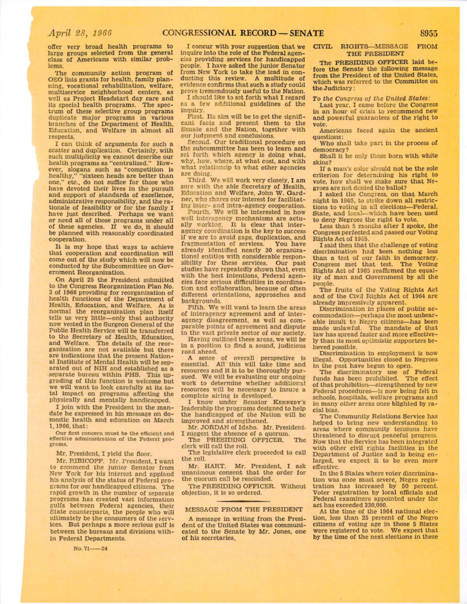 President Johnson's Message On Civil Rights And The Proposal Of The "civil Rights Act Of 1966".