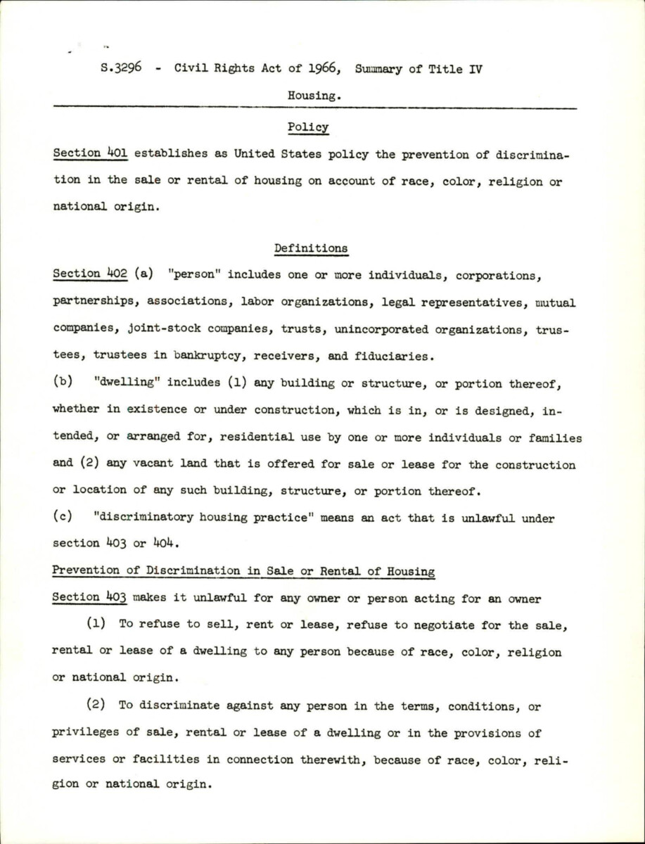 Summary Of Title Iv Including Definitions, Prevention Of Discrimination In Housing, Prevention Of Discrimination In Financing Of Housing, Interference, Enforcement By Private Persons, Enforcement By The Attorney General, Assistance By The Secretary Of Housing And Urban Development, Effect On State Laws, Contempt Of Court, And Existing Authority.