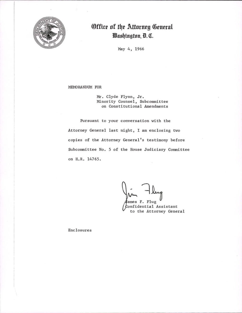 Memo For Clyde Flynn From The Confidential Assistant To The Attorney General With The Attorney General's Statement Supporting The Civil Rights Act Of 1966.
