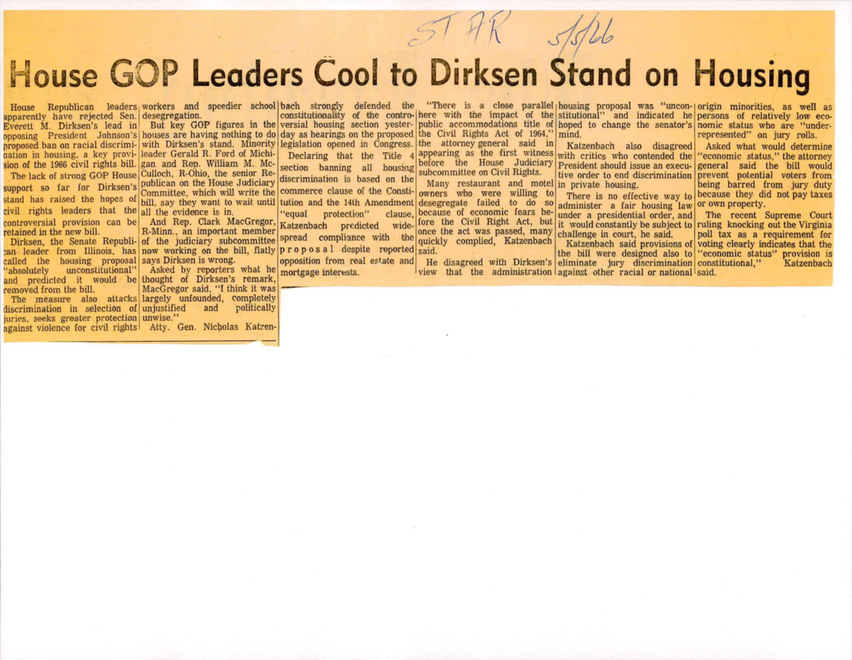 Article Details Dirksen's Disapproval On The Housing Provision Within The Civil Rights Act Of 1966 Stating That It Is Unconstitutional. It Also Includes The Attorney General's Support For The Housing Provision.