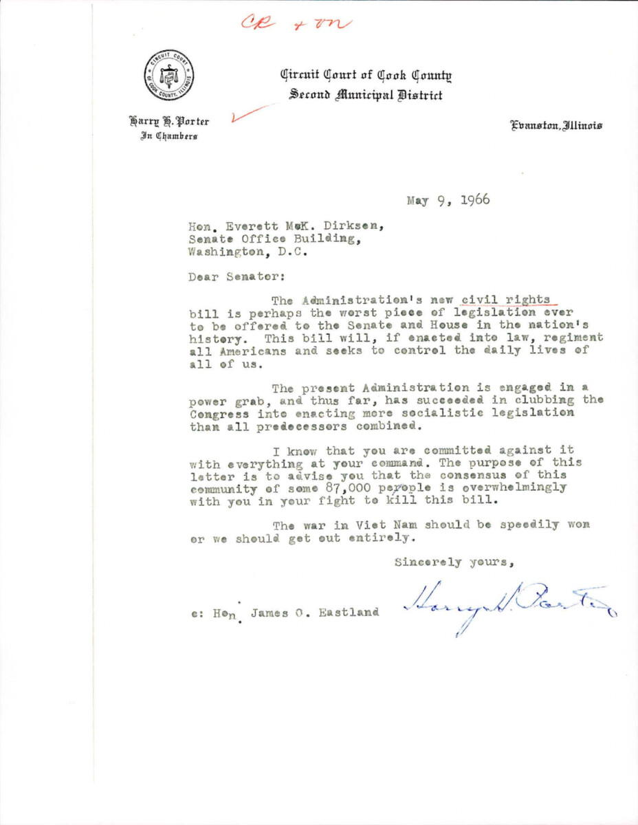Letter From Retired Illinois Circuit Court Judge Harry Porter To Dirksen About The Civil Rights Act Of 1966 Stating That It Is "perhaps The Worst Piece Of Legislation Ever To Be Offered To The Senate And The House In The Nation's History".