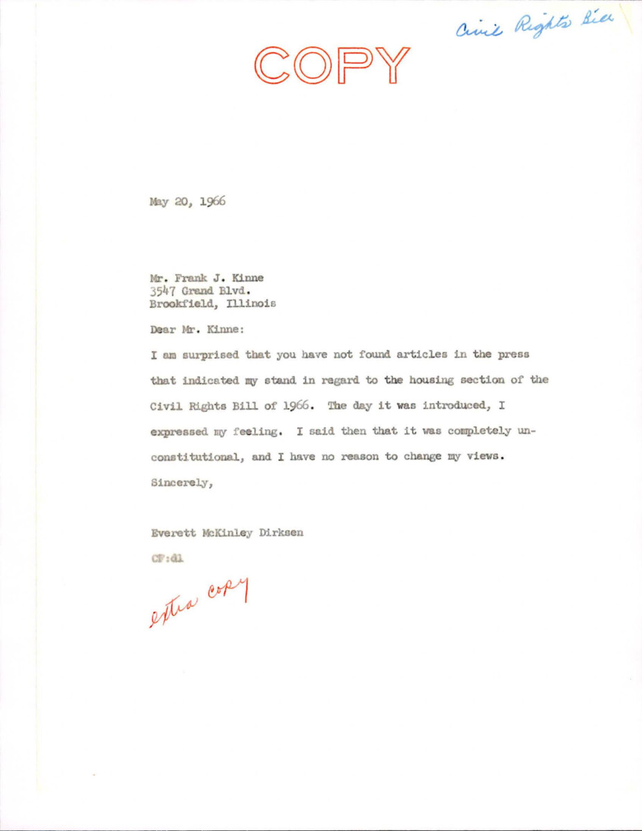 Dirksen Stating That He Views The Housing Provision In The Civil Rights Act Of 1966 Unconstitutional.