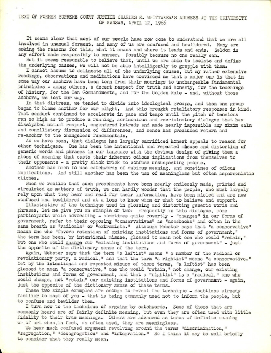 Speech By Retired Supreme Court Justice Charles Whittaker About Political Parties And Civil Rights.