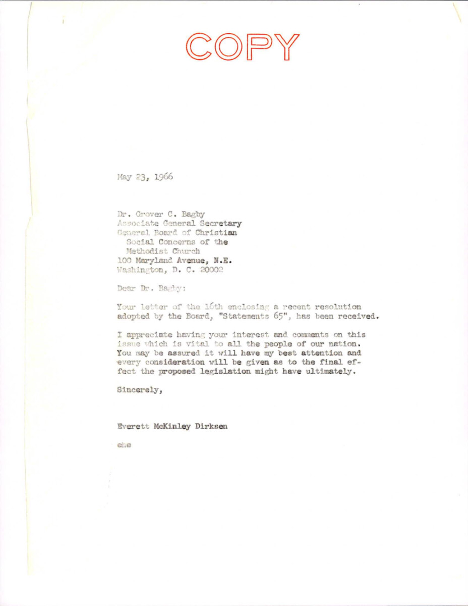 Letter From Dirksen To Grover Bagby Regarding "statements 65" From The United Methodist Church.