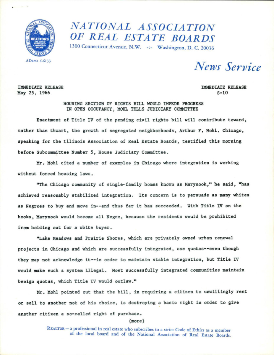 References Mr. Mohl's Statement Testifying To The House Judiciary Committee And How Race Relations Are Improving Due To Housing Integration.