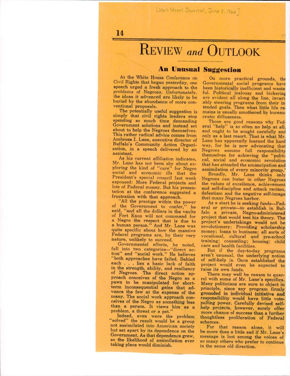 The Article Talks About The White House Conference Of Civil Rights And The Unusual Suggestion By Ambrose I. Lane To "cure" The Problems That Faced The African American Community.