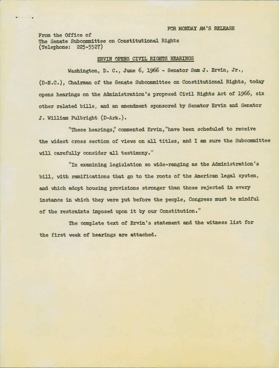 Senate Judiciary Subcommittee Hearings On The Civil Rights Act Of 1966 Examined Proposals Impacting State Laws And Citizens' Rights, Including Jury Reform And Constitutional Issues. The Resulting Legislation Supports A Balanced Approach To Safeguarding Civil Rights While Upholding Constitutional Principles.