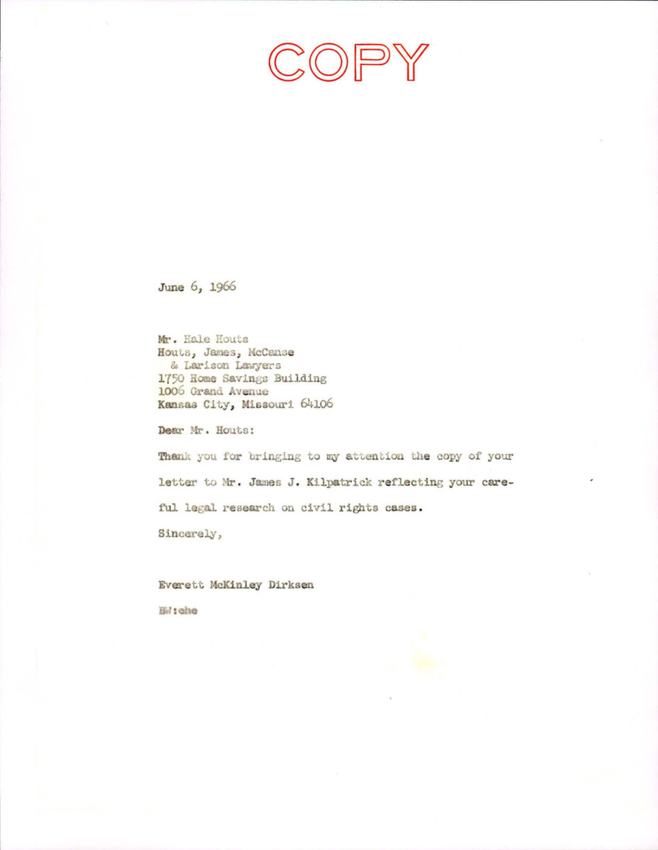 Letter From Dirksen To Houts About Hale Hout's Letter To Kilpatrick About His Kansas City Star Article.