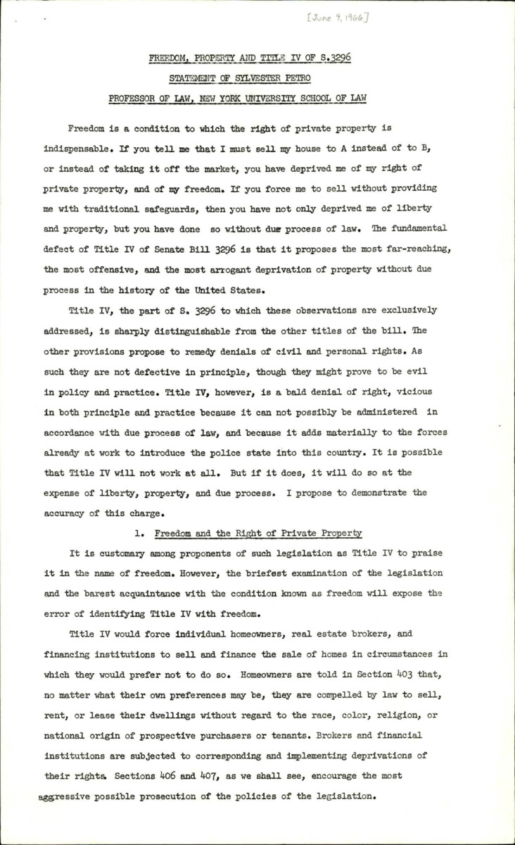Statement By Law Professor Sylvester Petro On Title Iv And Why He Feels It Should Be Rejected.