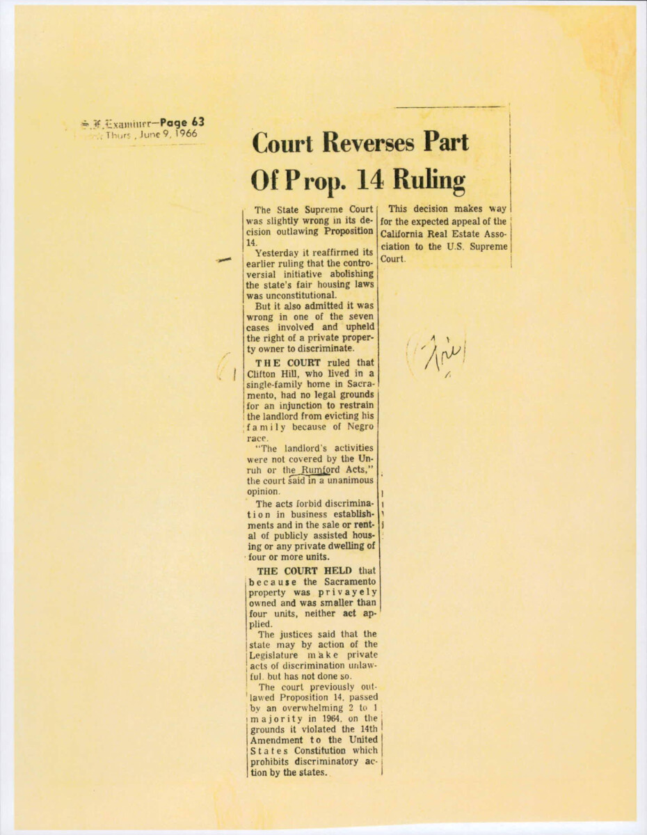 San Francisco Examiner Article: California Supreme Court Reversed Proposition 14 In A Case Where A Family Was Being Evicted From Their Home Due To Their Race.