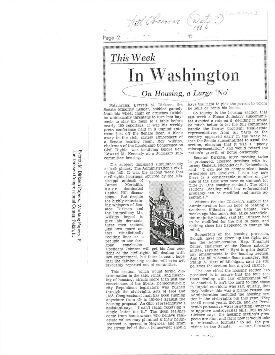 The Article Emphasizes The Importance Of Everett Dirksen's Support Of Title Iv, The Housing Section, To Its Approval, Noting That He May Have Some Reservations For Its Present State.