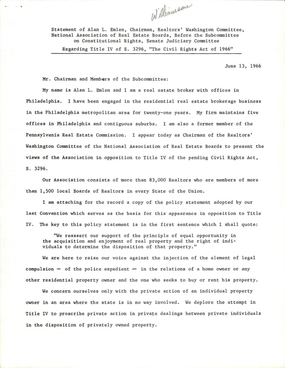 Statement By Alan L. Emlen Opposing The Civil Rights Act Of 1966. Emlen States That Homeowners Should Be Able To Have A Say In Who They Sell Or Rent Their Home To.