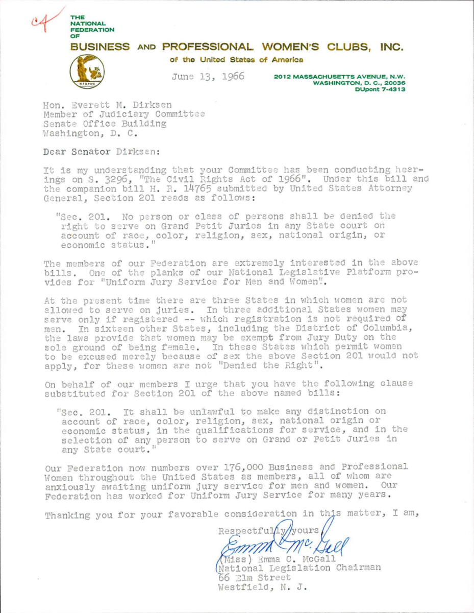 Letter To Dirksen From Emma Mcgall About The Civil Rights Act Of 1966, Specifically The Provision On Jury Service And Selection.