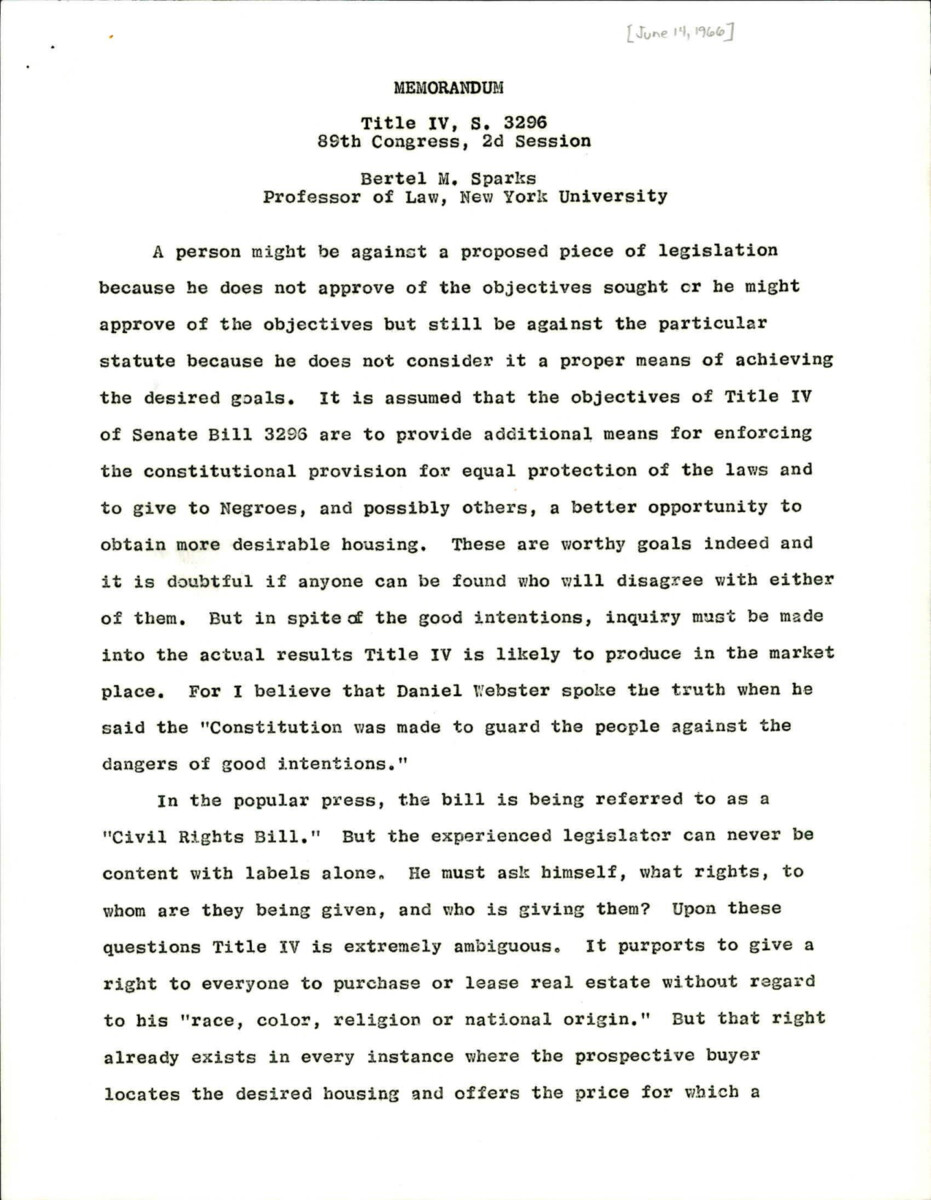 Memorandum From Professor Sparks Of New York University About The Civil Rights Act Of 1966 In Opposition Of The Civil Rights Act Of 1966. Sparks States That Property Rights Are Individual Rights That Allow A Person To Determine What Is Done With What One Has Worked To Achieve.