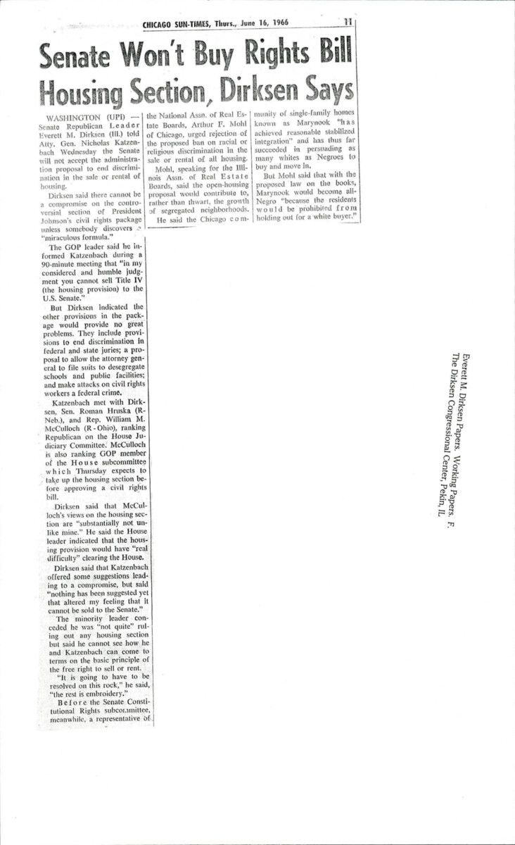 Article Covers Dirksen's Statement Saying That The Senate Will Not Pass The Housing Provision In The Civil Rights Act Of 1966.
