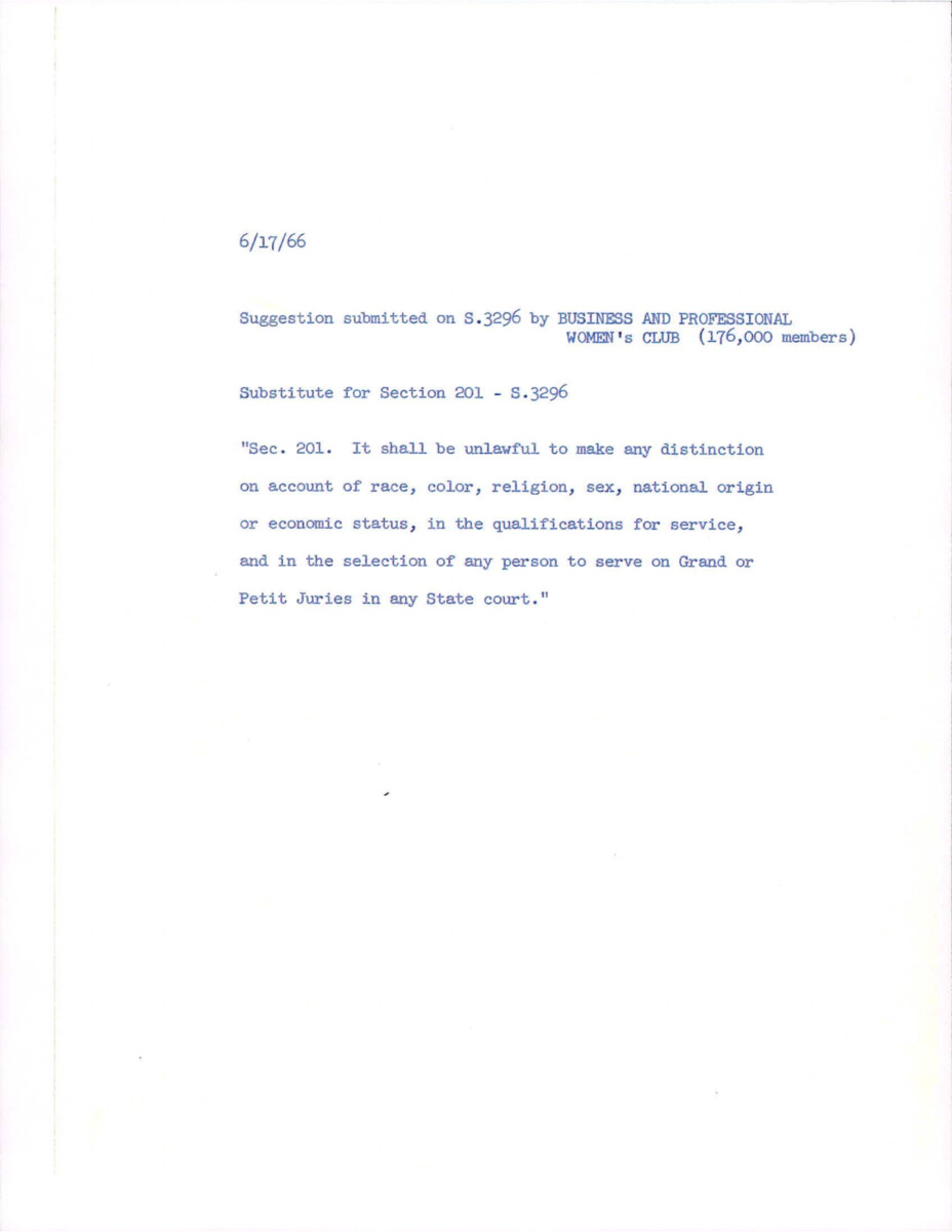 Internal Congressional Memo Containing Language Suggestion By The Business And Professional Women's Club For Section 201 Of The Civil Rights Act Of 1966.