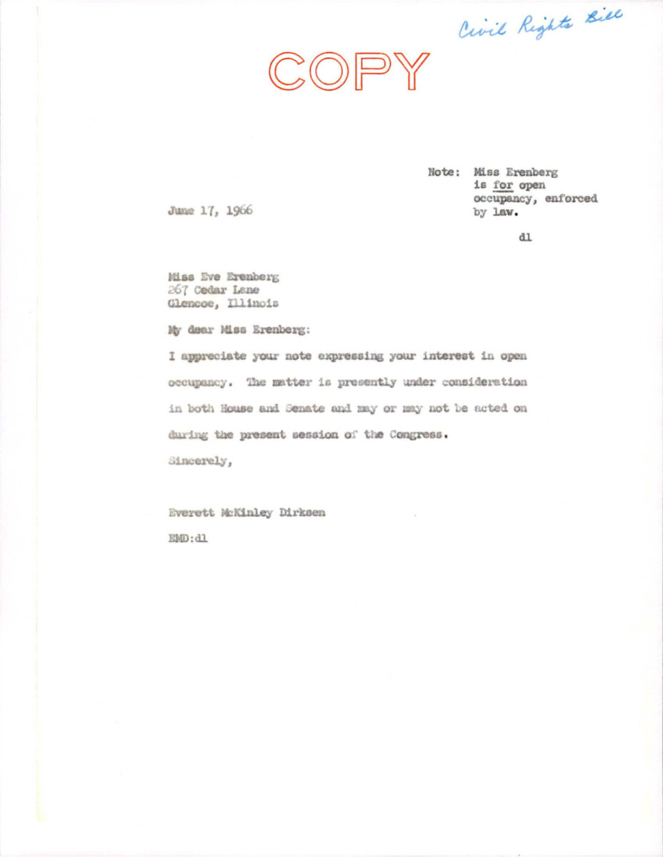 Letter From Dirksen To Eve Erenberg About Her Interest In The Open Occupancy Provision Of The Civil Rights Act Of 1966. Dirksen Did Not Say Much As Congress Was Still Working On The Bill At The Time.