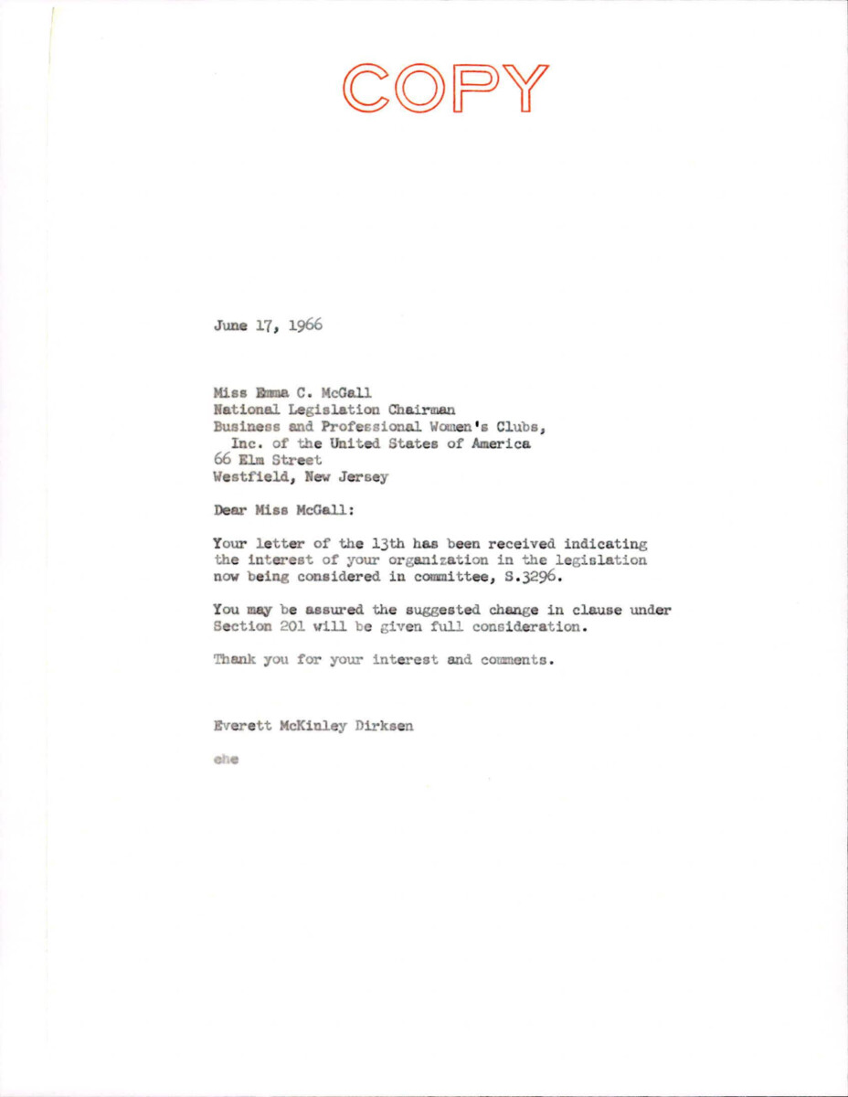 Letter From Dirksen To Emma Mcgall About The Club's Suggestion To Change Section 201 Of Title 2 Of The Civil Rights Act Of 1966.