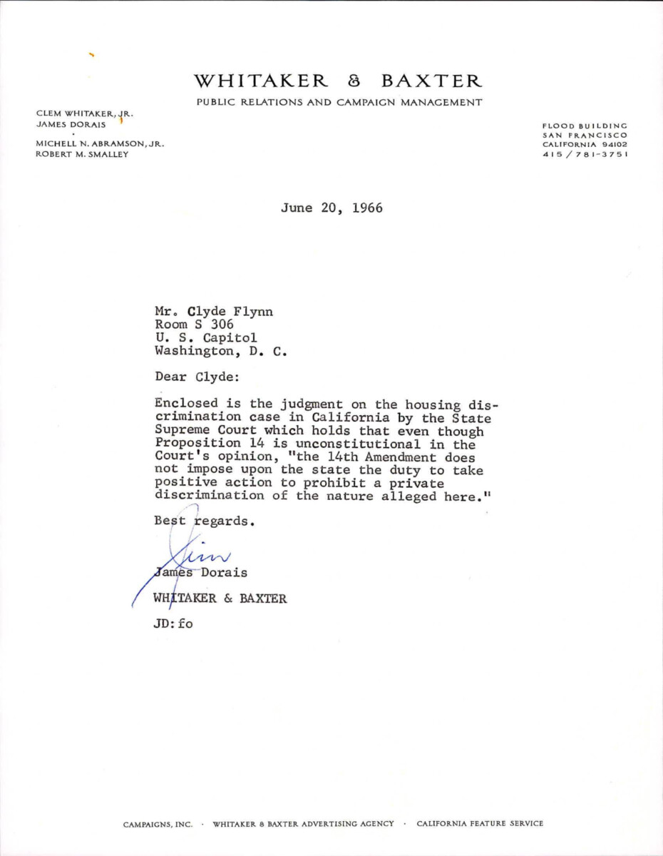Letter From Dorais To Flynn Enclosed With The Judgement Of Clifton Hill V. Crawford Miller Holding That Proposition 14 Of The California Constitution Is Unconstitutional, But The 14th Amendment Does Not Impose Upon The State The Duty To Prohibit Private Discrimination.