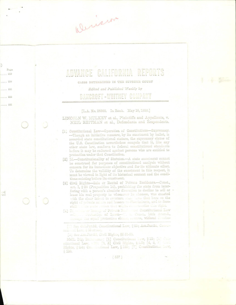 Booklet Published By Bancroft- Whitney Company Reporting On Cases Decided By The California State Supreme Court. This Issue Reported On Mulkey V. Reitman, Which Was A Civil Rights Case.