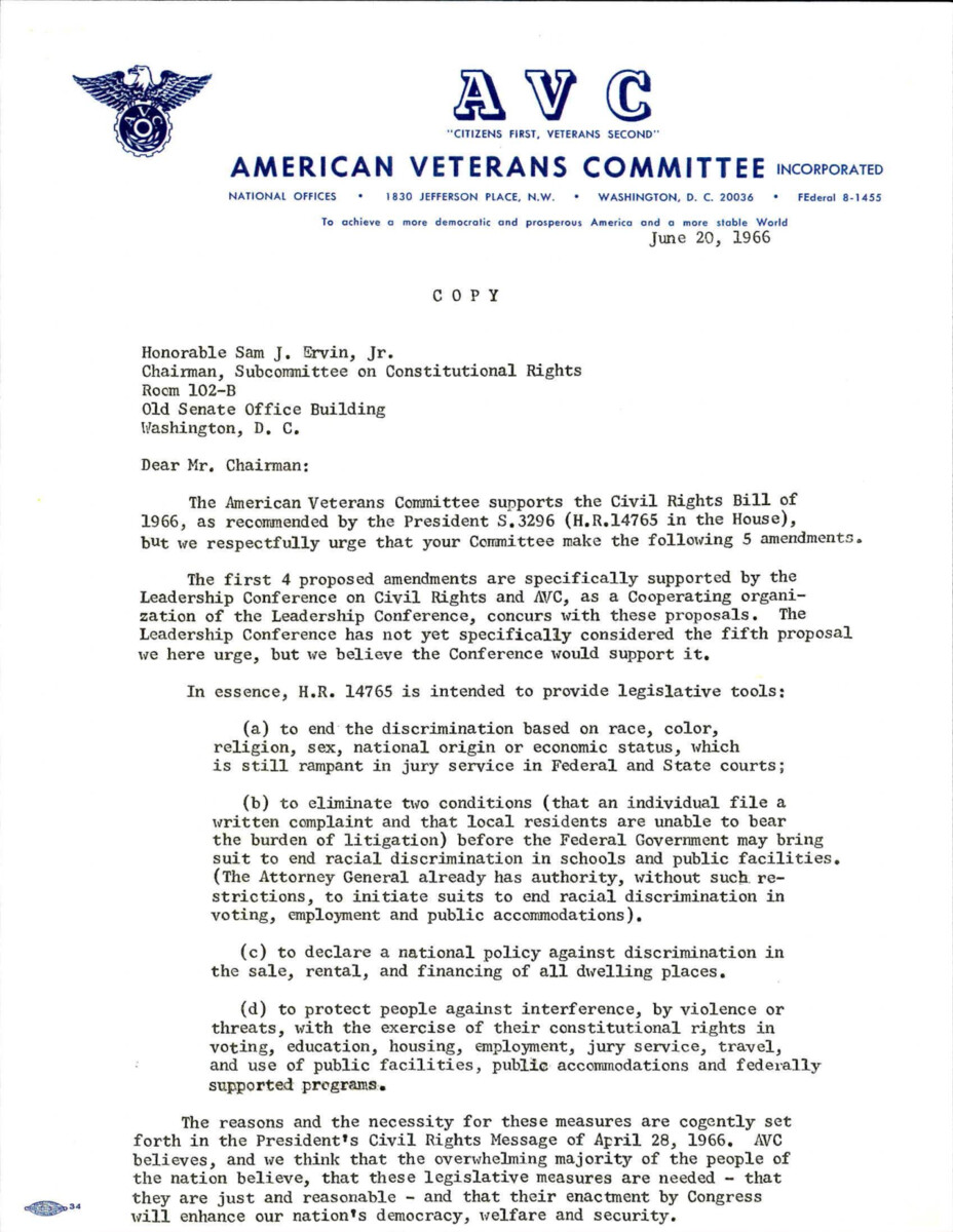 Letter To Senator Ervin From The American Veterans Committee About Their Support Of The Civil Rights Act Of 1966 Along With Suggestions To Amend Parts Of The Bill.