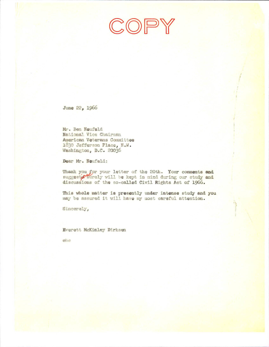Letter From Dirksen To The American Veterans Committee Regarding The Civil Rights Act Of 1966 And The Committees Suggestion.