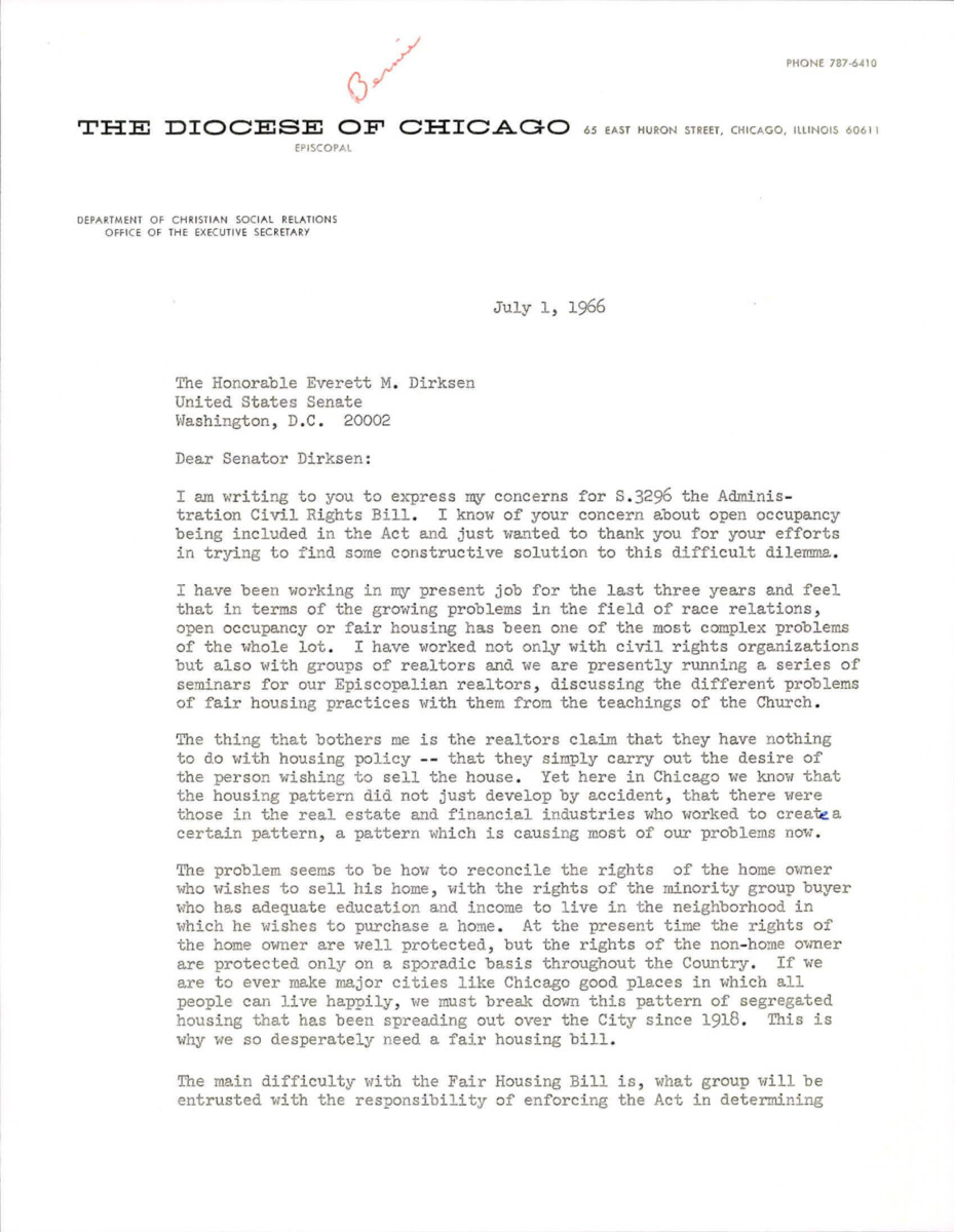 Letter To Sen. Dirksen From The Episcopal Church Department Of Christian Social Relations Regarding The Housing Provision Of The Civil Rights Act Of 1966. Realtors Did Not Have A Say On Who The Owners Sold To And Created Racial Segregation Within Communities Within Chicago.
