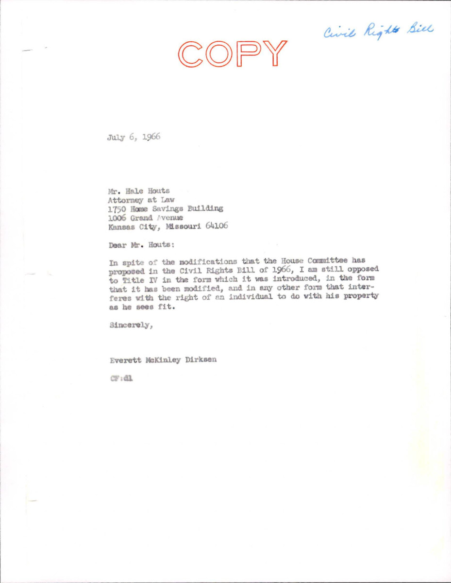Letter To Houts About The Housing Provision Within The Civil Rights Act Of 1966 And The Opposition To It.