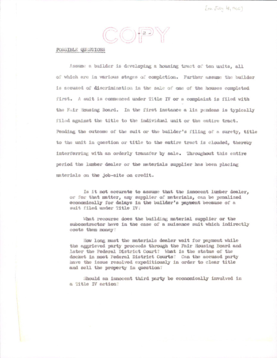 Possible Questions Relating To Title Iv Of The Civil Rights Act Of 1966.