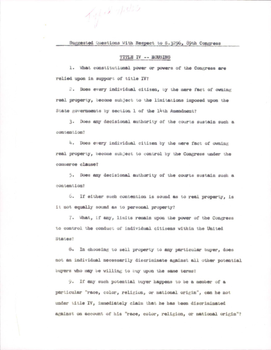 Suggested Questions To Be Asked About The Housing Provision Within The Civil Rights Act Of 1966 Title Iv.