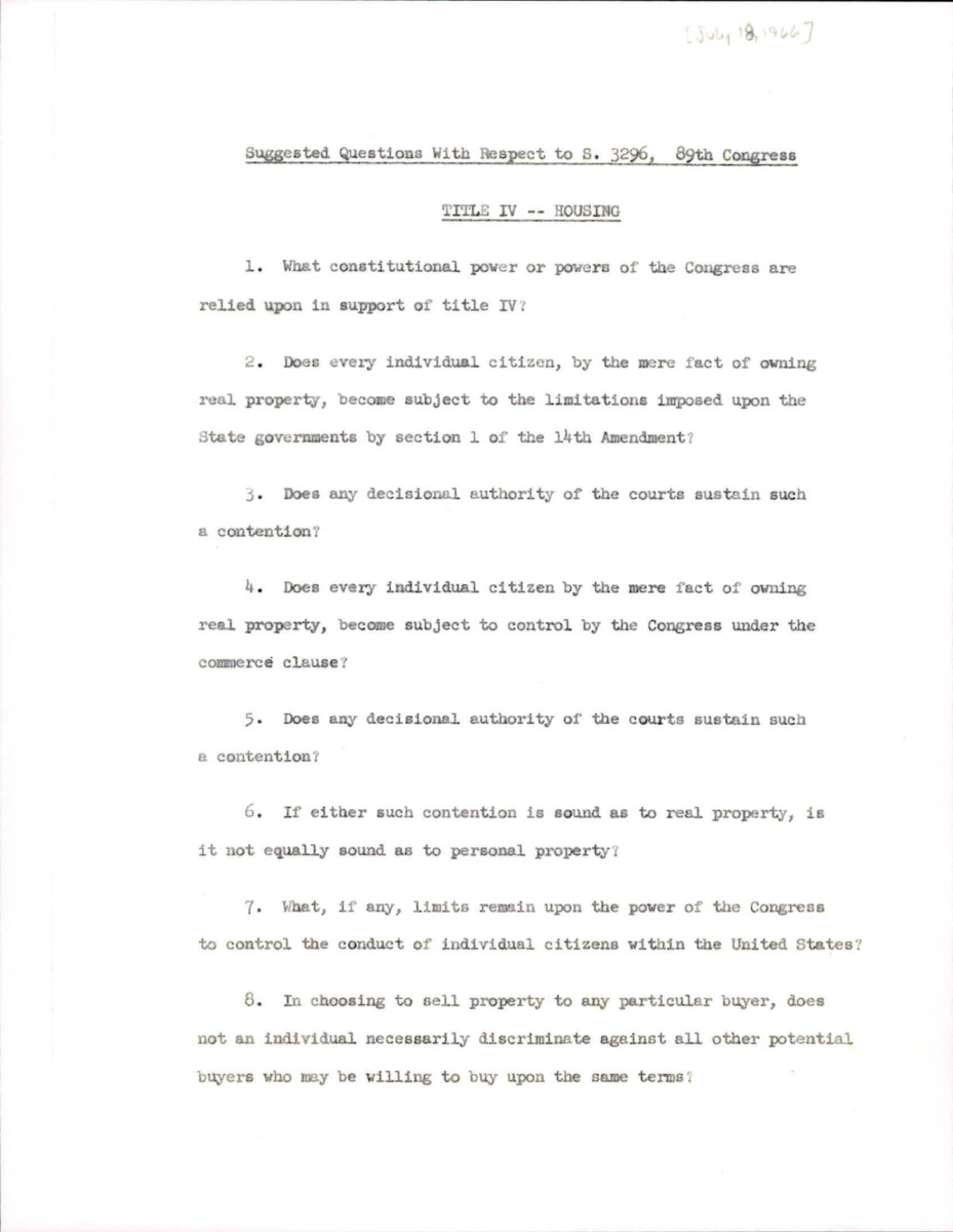 Suggested Questions To Be Asked About Provision Within The Civil Rights Act Of 1966 Title Iv.