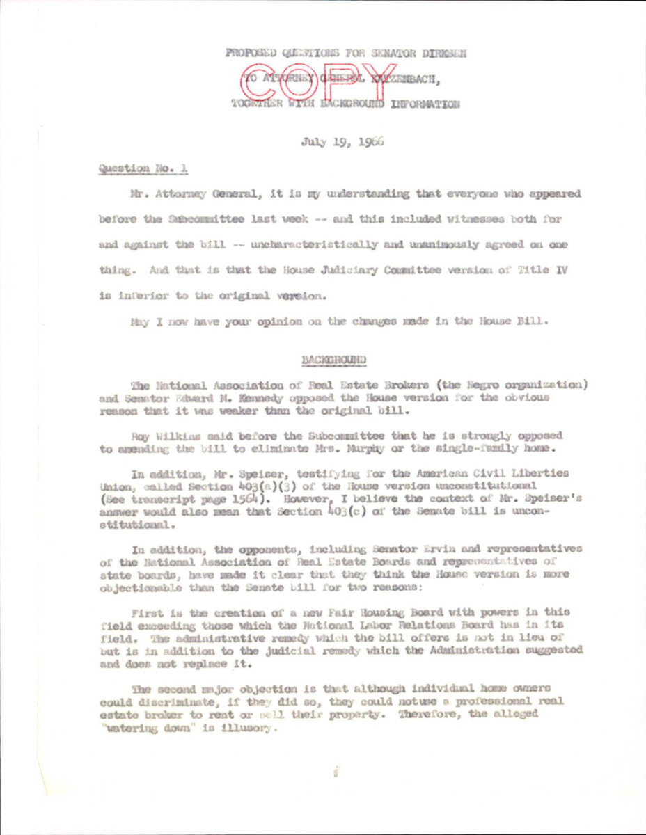 Questions From Dirksen To The Attorney General About The Housing Provision Within The Civil Rights Act Of 1966. The Questions Are Each Included With A Background As To Why They Are Being Asked Through.