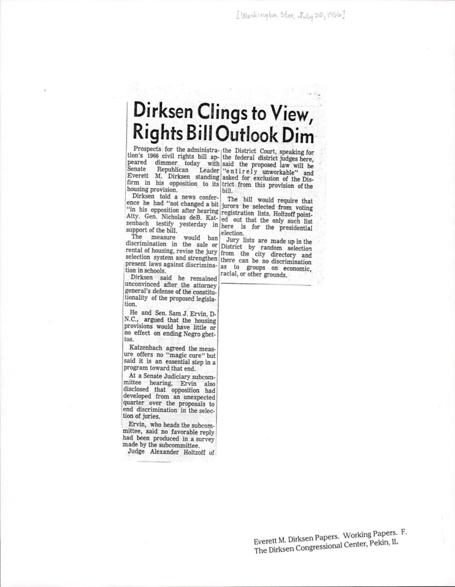 Article About Dirksen's Opposition To The Housing Provision Within The Civil Rights Act Of 1966, Which In Turn Made The Bill Less Likely To Be Passed.