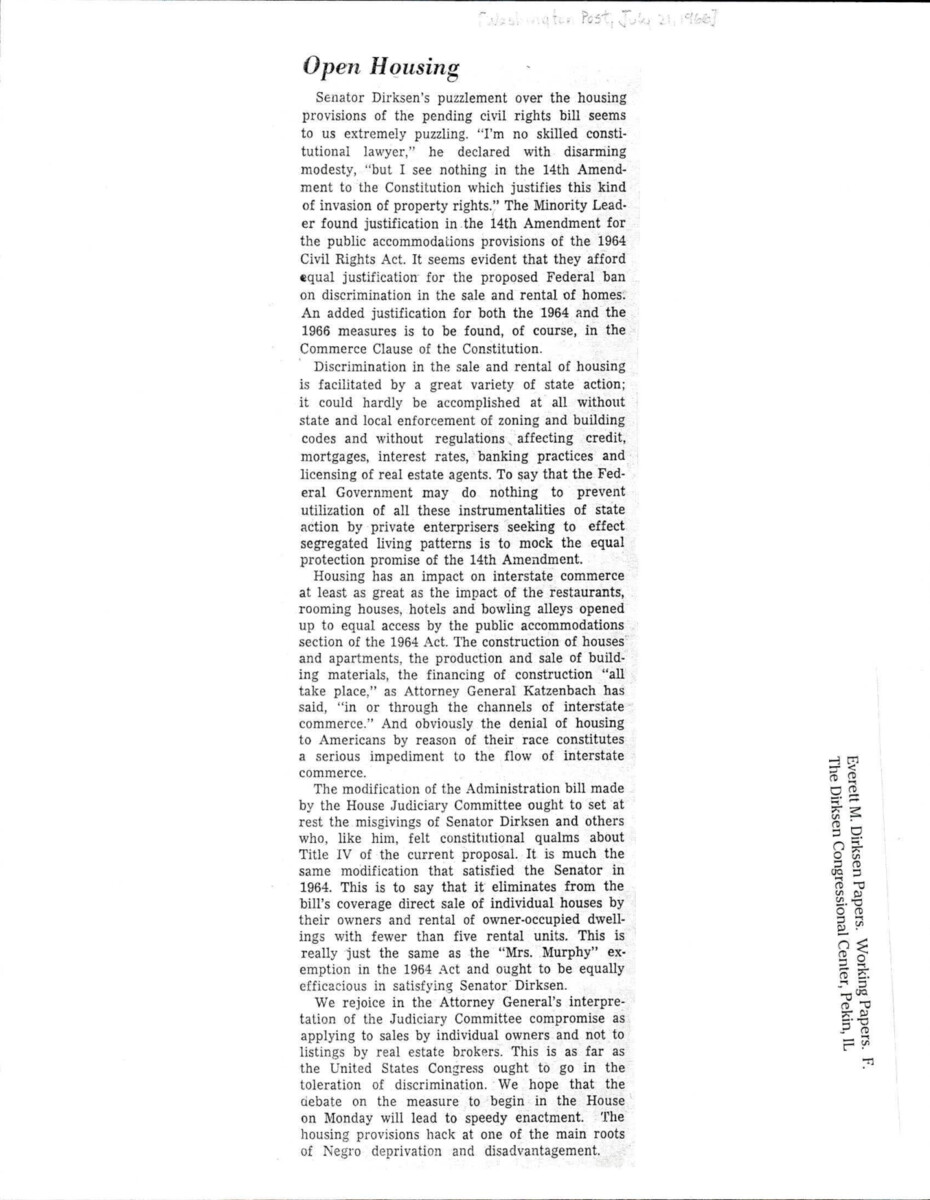 Article About Dirksen's Opposition To The Housing Provision Within The Civil Rights Act Of 1966, Which He Believed Violated Section 1 Of The 14th Amendment.